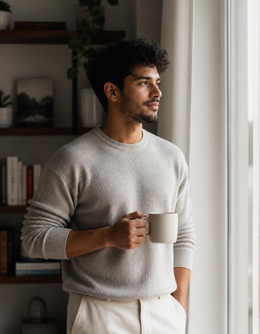 Calm person at home by the window holding a cup of coffee