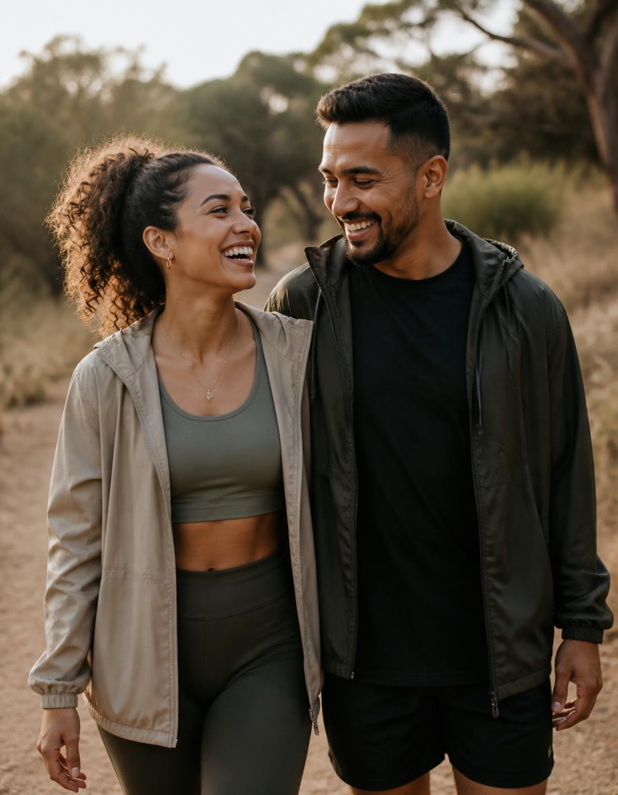 Couple walking and laughing together outdoors