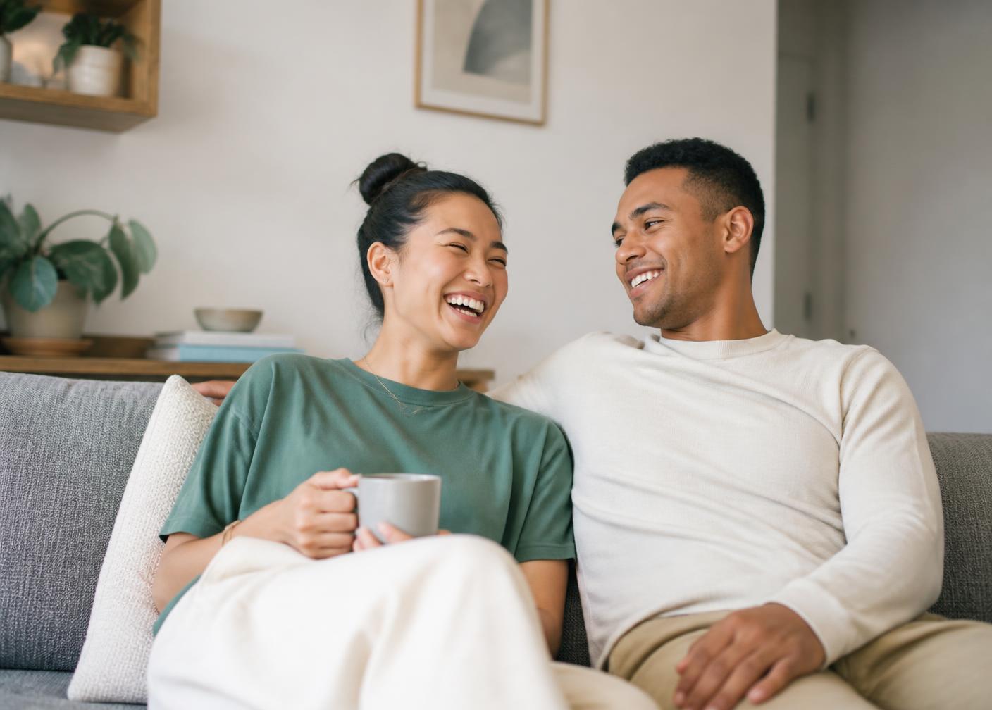 Two people relaxing at home on a sofa, laughing